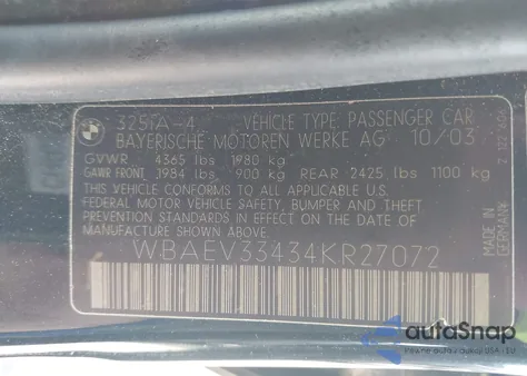 2004 BMW 325I из США, поврежденный, VIN WBAEV33434KR27072